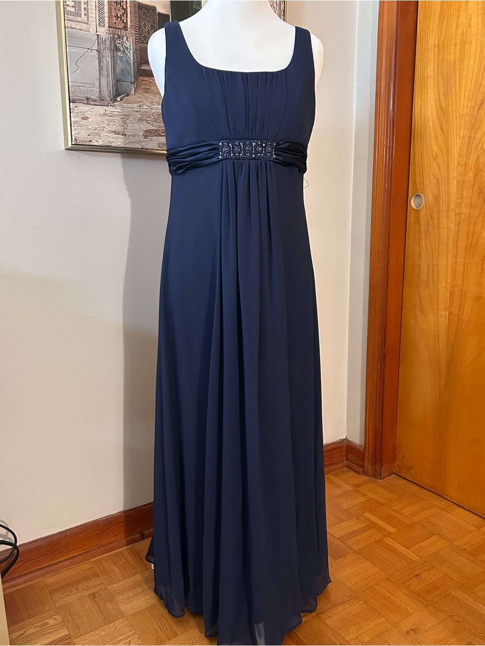 David's Bridal Navy Beaded Empire-Waist Maxi Dress